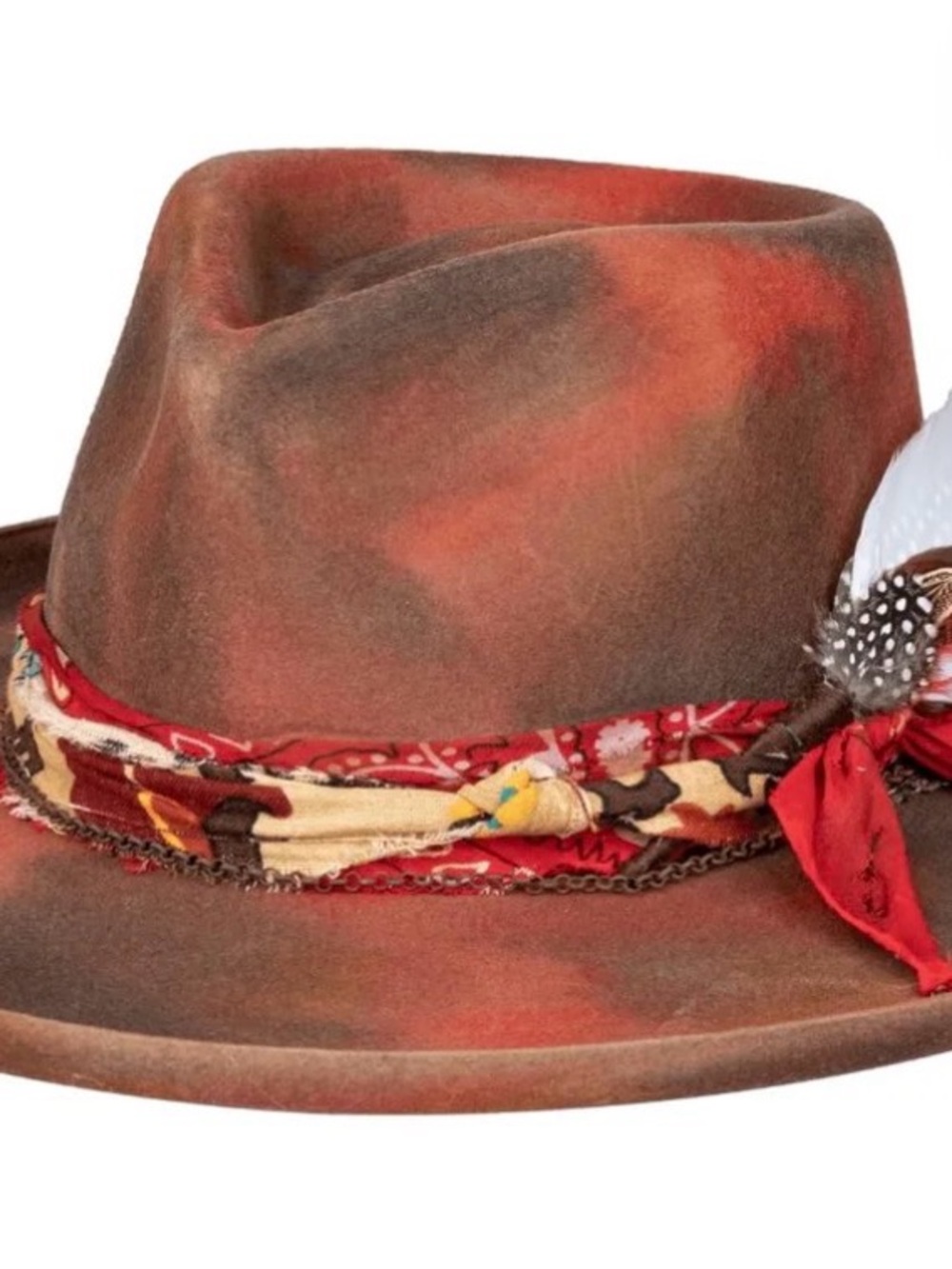 Rust Brown Felt Fedora with Red Bandana Accent